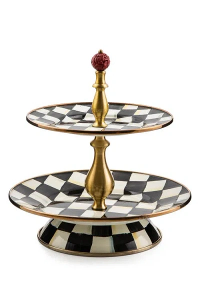 Mackenzie-childs Mackenzie Childs Courtly Check Enameled Steel 2-tier Sweets Stand In Black/white