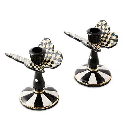 Mackenzie-childs Courtly Check Tall Butterfly Candlesticks, Set Of 2 In Black