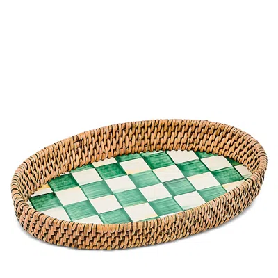 Mackenzie-childs Emerald Check Enamel And Rattan Small Tray In Green