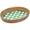 Mackenzie-childs Mackenzie Childs Emerald Check Enamel & Rattan Tray In Green