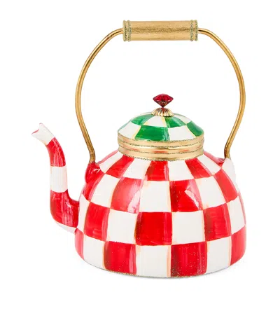 Mackenzie-childs Mackenzie Childs Check It Out Tea Kettle Glass Ornament In Red