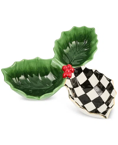 Mackenzie-childs Holly Leaf Divided Ceramic Candy Dish In Multi