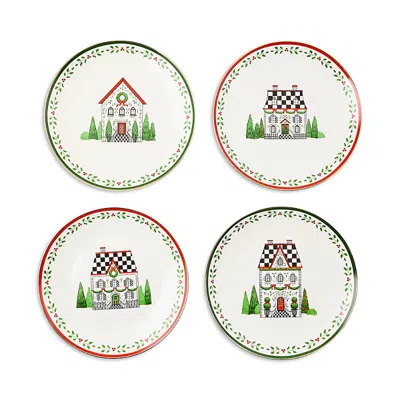 Mackenzie-childs Holly Village Ceramic Dessert Plates, Set Of 4 In Multi