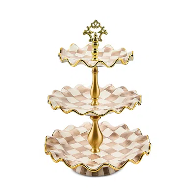 Mackenzie-childs Mackenzie Childs Mocha Check Ceramic Three Tier Sweet Stand In Brown