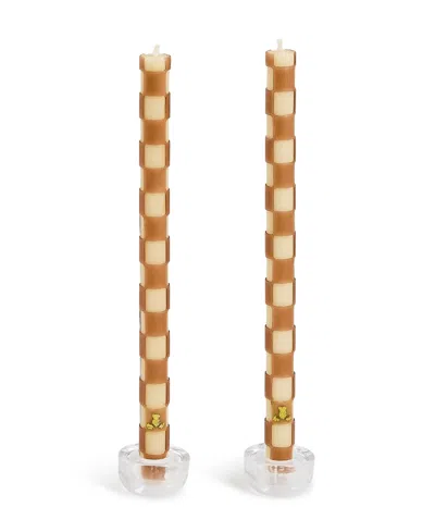 Mackenzie-childs Mocha Check Dinner Candles, Set Of 2 In Brown