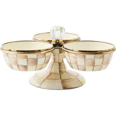MACKENZIE-CHILDS MACKENZIE CHILDS MOCHA CHECK ENAMELED STEEL TRIPLICITY BOWLS & STAND SET