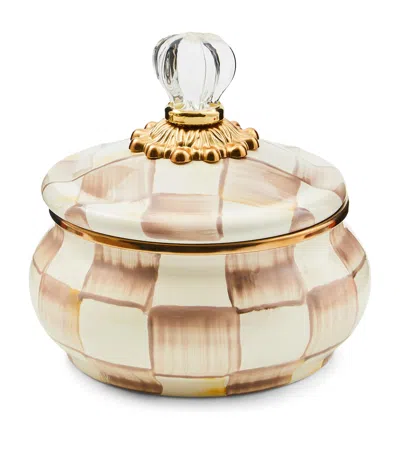 MACKENZIE-CHILDS MOCHA CHECK LIDDED SQUASHED POT