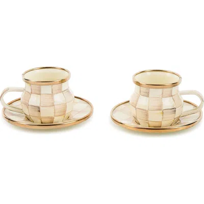 Mackenzie-childs Mackenzie Childs Mocha Check Set Of 2 Espresso Cups & Saucers In Brown