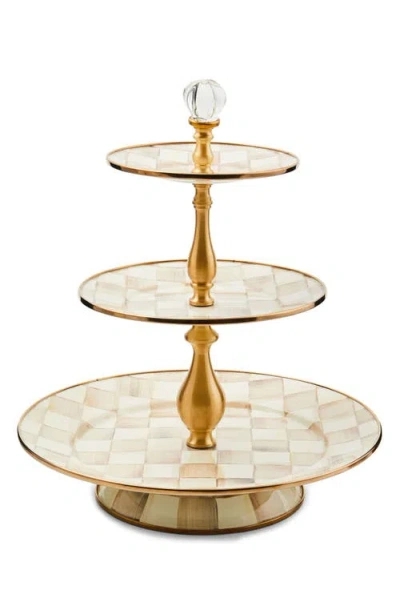 Mackenzie-childs Mackenzie Childs Mocha Check Three Tier Sweet Stand In Gold