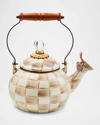 Mackenzie-childs Mocha Check Whistling Tea Kettle In Neutral