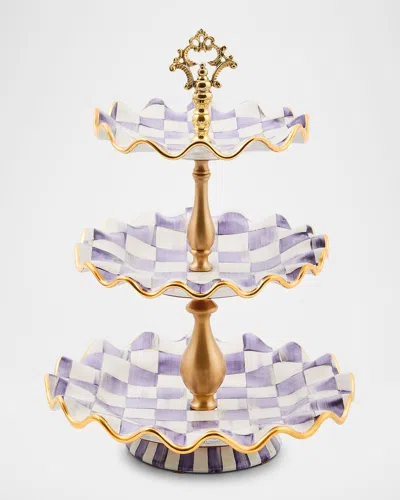 MACKENZIE-CHILDS PLUM CHECK FLUTED CERAMIC THREE-TIER SWEET STAND