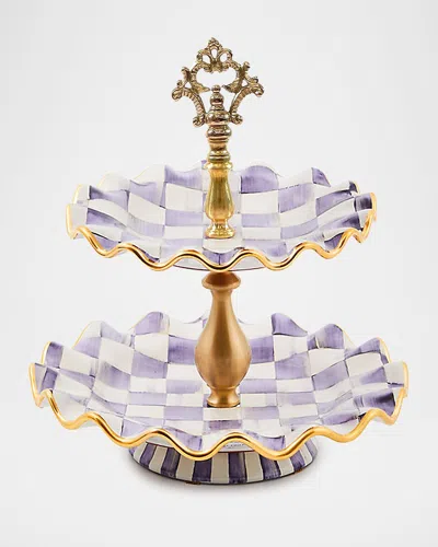 MACKENZIE-CHILDS PLUM CHECK FLUTED CERAMIC TWO-TIER SWEET STAND