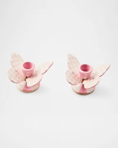 MACKENZIE-CHILDS ROSY CHECK BUTTERFLY CANDLE HOLDERS, SET OF 2