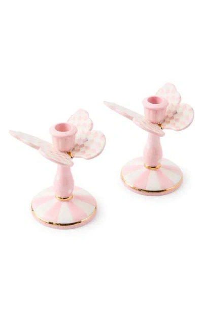 Mackenzie-childs Mackenzie Childs Rosy Check Set Of 2 Butterfly Candleholders In Pink