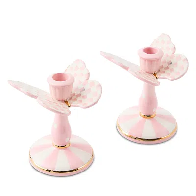 Mackenzie-childs Rosy Check Tall Butterfly Candlesticks, Set Of 2 In Pink