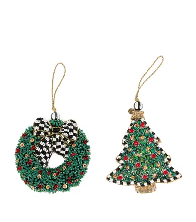 Mackenzie-childs Set Of 2 Beaded Tree Decorations In Green