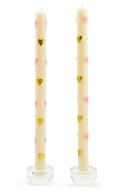 Mackenzie-childs Mackenzie Childs Set Of 2 Pink & Gold Hearts Taper Dinner Candles In Multi