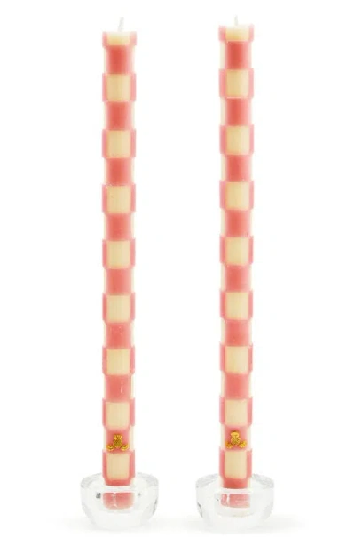 Mackenzie-childs Mackenzie Childs Set Of 2 Pink Check Taper Dinner Candles
