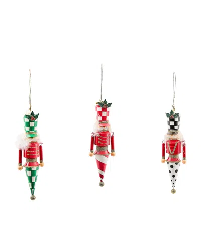 Mackenzie-childs Set Of 3 Tin Check Nutcracker Tree Decorations In Multi