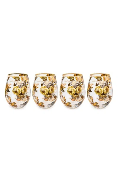 MACKENZIE-CHILDS MACKENZIE CHILDS SET OF 4 WILD ROSE STEMLESS WINEGLASSES