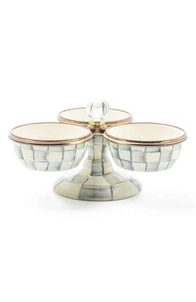MACKENZIE-CHILDS MACKENZIE CHILDS STERLING CHECK ENAMELED STEEL TRIPLICITY BOWLS & STAND SET