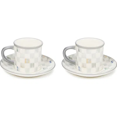 MACKENZIE-CHILDS MACKENZIE CHILDS STERLING CHECK SET OF 2 ESPRESSO CUPS & SAUCERS