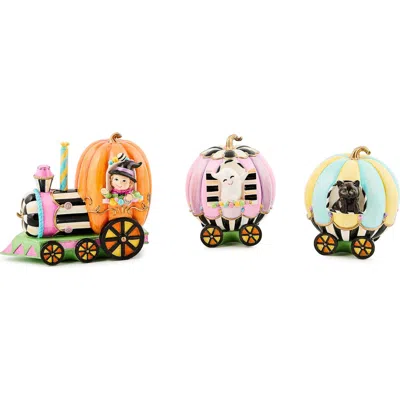 Mackenzie-childs Mackenzie Childs Trick Or Treat Pumpkin Set Of 3 Train Figurines In Multi