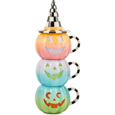 MACKENZIE-CHILDS MACKENZIE CHILDS TRICK OR TREAT SET OF 3 STACKABLE PUMPKIN MUGS WITH WITCH HAT LID