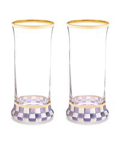 Mackenzie-childs Violet Check Handmade Highball Glasses, Set Of 2 In Purple
