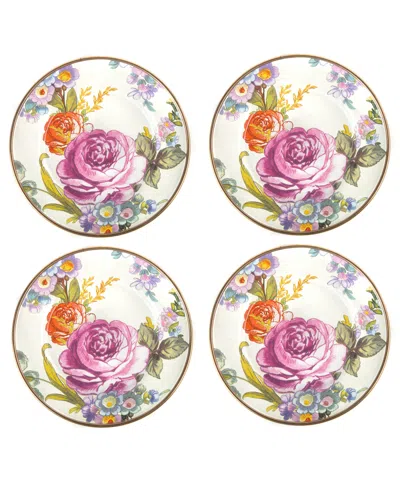 MACKENZIE-CHILDS WHITE FLOWER MARKET APPETIZER PLATES, SET OF 4