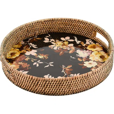 Mackenzie-childs Mackenzie Childs Wild Rose Enameled Steel & Rattan Tray In Brown
