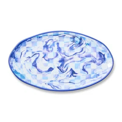 Mackenzie-childs Blue Marble Check Melamine Oval Platter