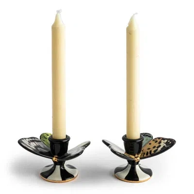 Mackenzie-childs Butterfly Toile Candle Holders In Black,white,gold,green