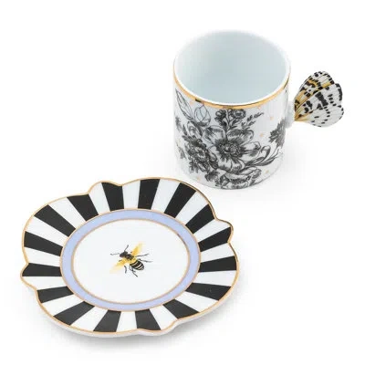 Mackenzie-childs Butterfly Toile Mug And Saucer Set In Black;white
