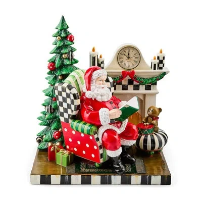 Mackenzie-childs Check It Out Santa By Fireplace Illuminated Figurine In White;green;red