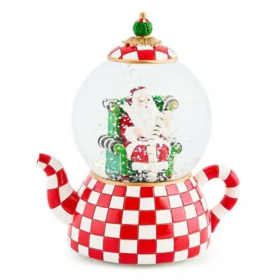 Mackenzie-childs Check It Out Teapot Snow Globe In White;green;red