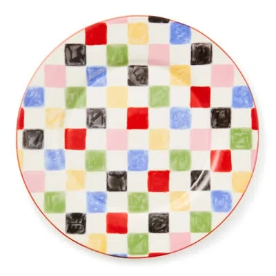 Mackenzie-childs Check Round Platter In White,green,black
