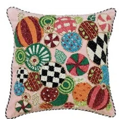 Mackenzie-childs Confetti Jolly Ornament Throw Pillow In Green;brown;light Pink