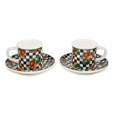 Mackenzie-childs Courtly Check Flower Market Stoneware Espresso Cup And Saucer In Blue;black;white