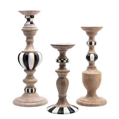 Mackenzie-childs Courtly Check Pillar Candle Holders 3 - Piece Set In Beige,black,white