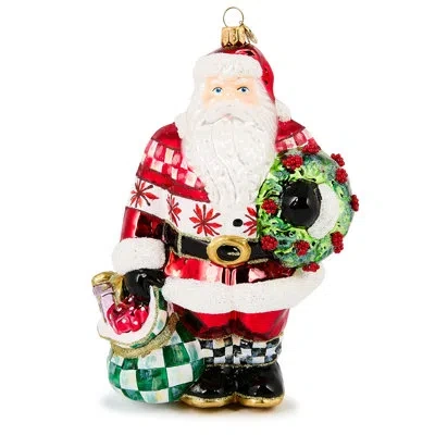Mackenzie-childs Cozy Sweater Santa Glass Ornament In White;green;red
