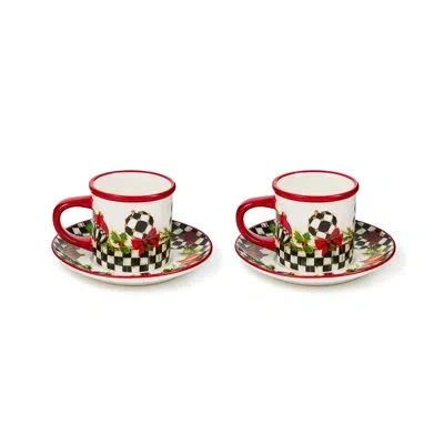 Mackenzie-childs Deck The Halls Stoneware Espresso Cup And Saucer In Black;white;red