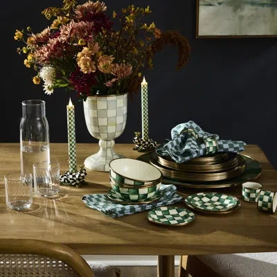 Mackenzie-childs Emerald Check Appetizer Plates In White;green;gold