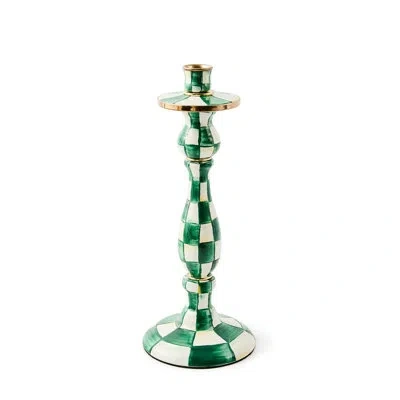 Mackenzie-childs Emerald Check Large Candlestick In White;green;gold