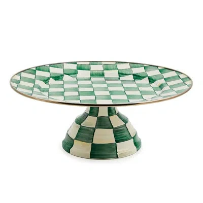 Mackenzie-childs Emerald Check Large Pedestal Platter In White,green