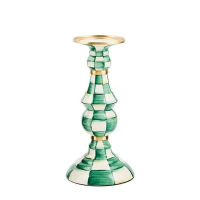 Mackenzie-childs Emerald Check Large Pillar Candlestick In White;green;gold