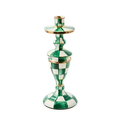 Mackenzie-childs Emerald Check Medium Candlestick In White;green;gold