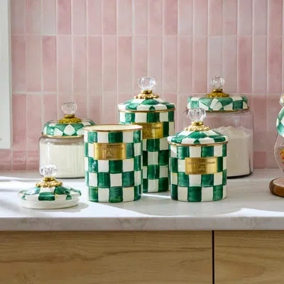 Mackenzie-childs Emerald Check Medium Kitchen Canister In Clear,green,white