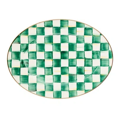 Mackenzie-childs Emerald Check Medium Oval Platter In White;green;gold