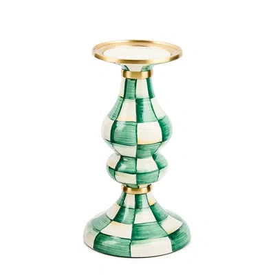 Mackenzie-childs Emerald Check Medium Pillar Candlestick In White;green;gold